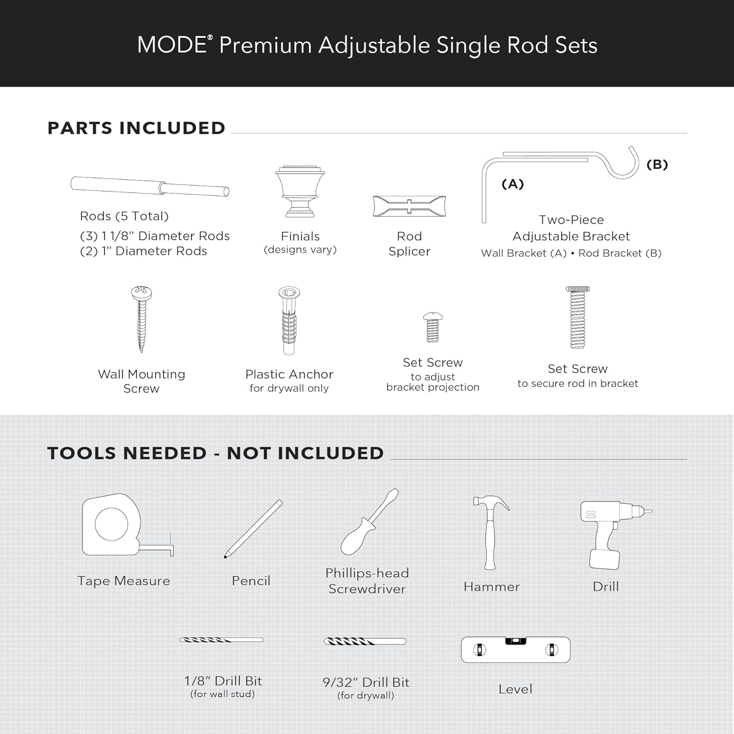 MODE Premium Collection Adjustable Single Rod Set with Modern Ball Finials, Fits 24” to 60” Windows