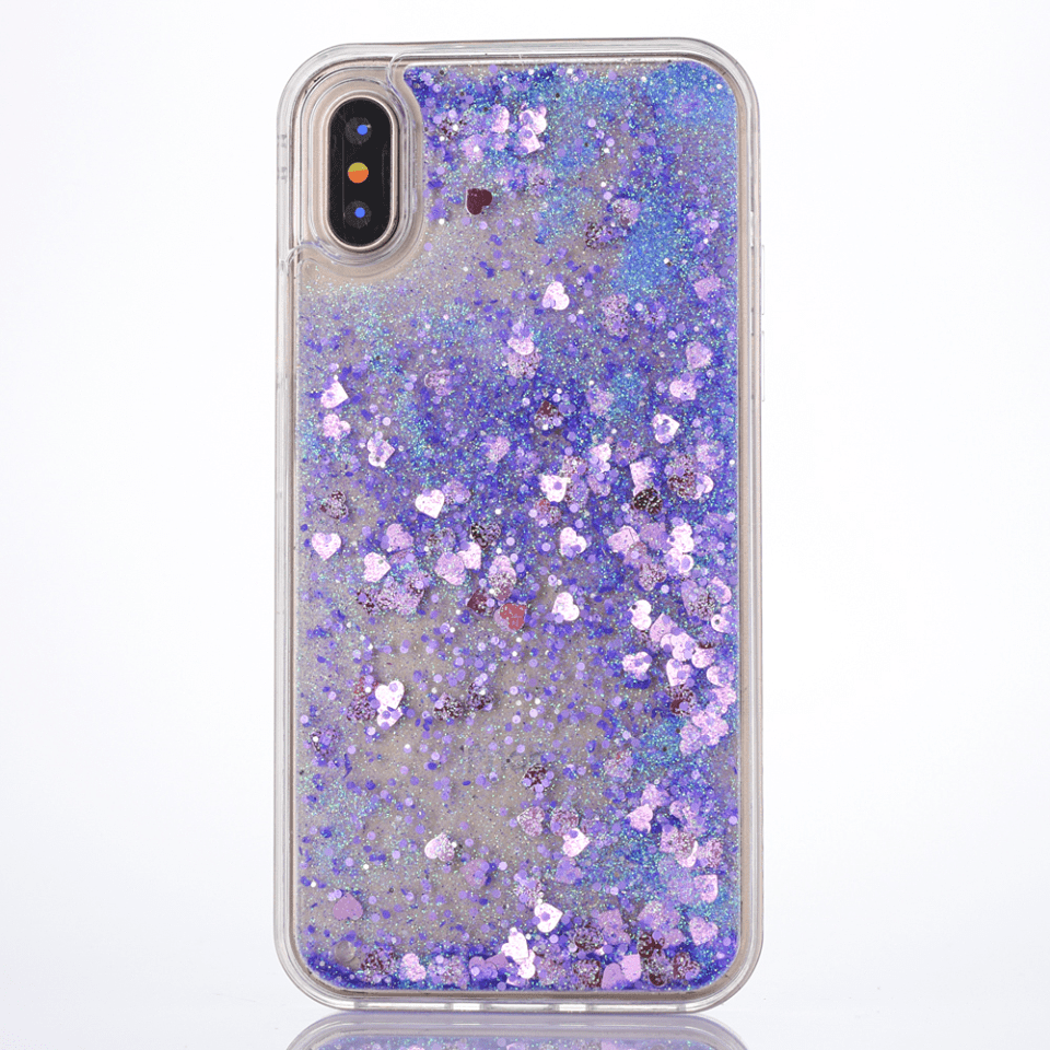 For iPhone X iPhone Xs 5.8" Purple Floating Hearts Liquid Waterfall Sparkle Glitter Case -
