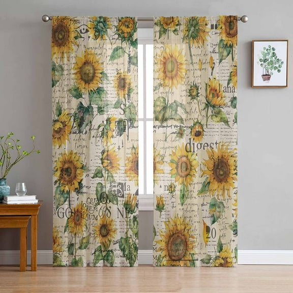 Farmhouse Sunflower Semi Sheer Curtains 63 Inch Length 2 Panels Set, Retro Summer Botanical Sheer Kitchen Curtain Privacy Voile Window Curtain for Living Room Bedroom Rod Pocket Drapes