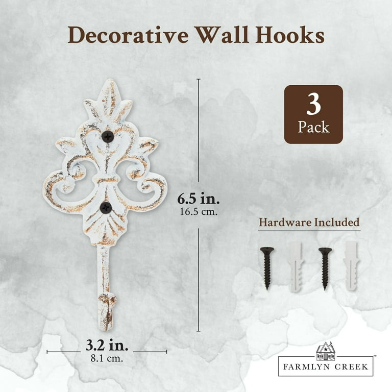 Farmlyn Creek Set of 3 Cast Iron Wall Hooks, French Country Farmhouse Design, Includes Screws and Anchors (6.5 in, White)