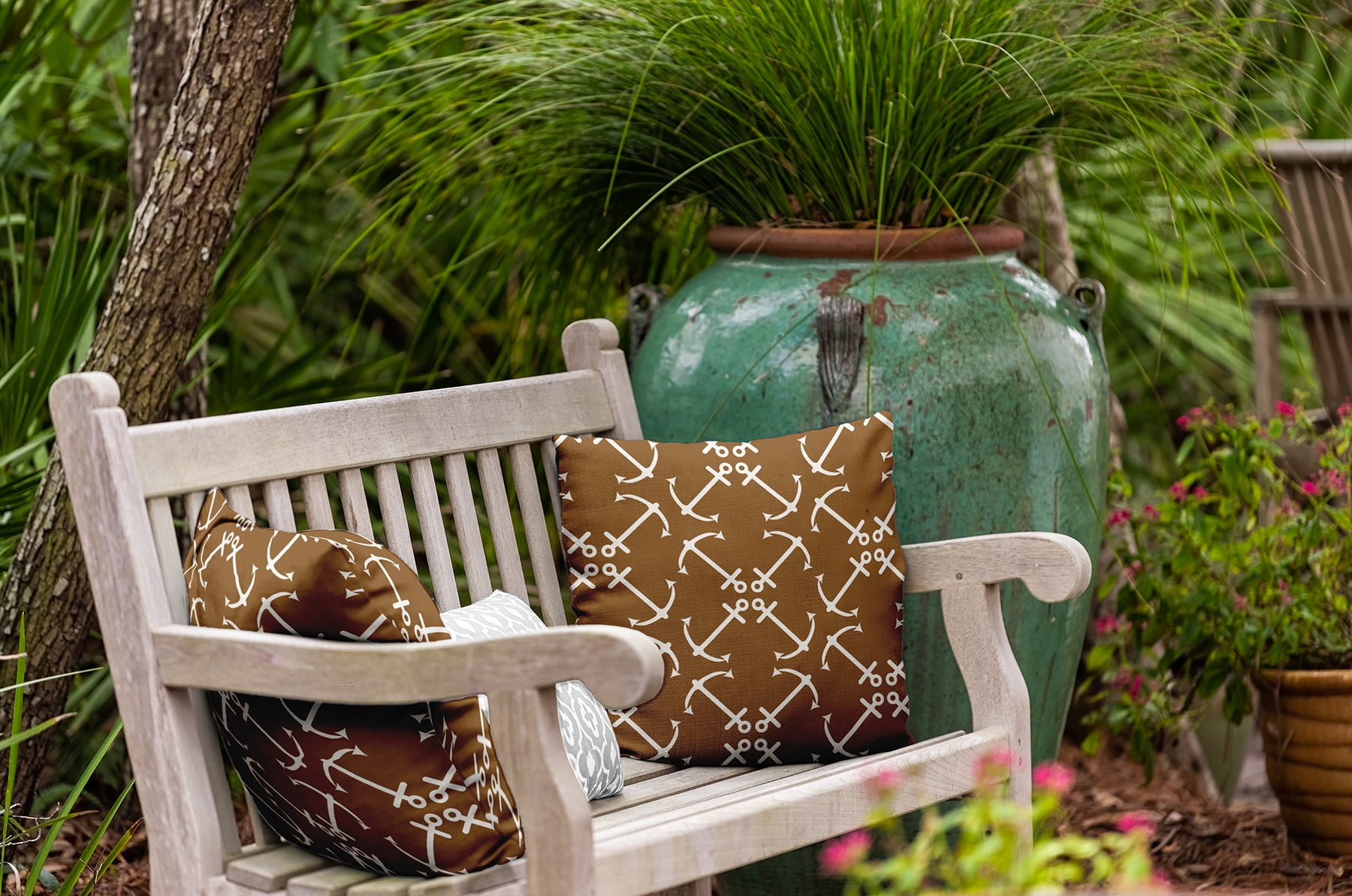 16"x16" Simply Daisy Anchors Up Poly Indoor/Outdoor Pillow, Brown Qty 1