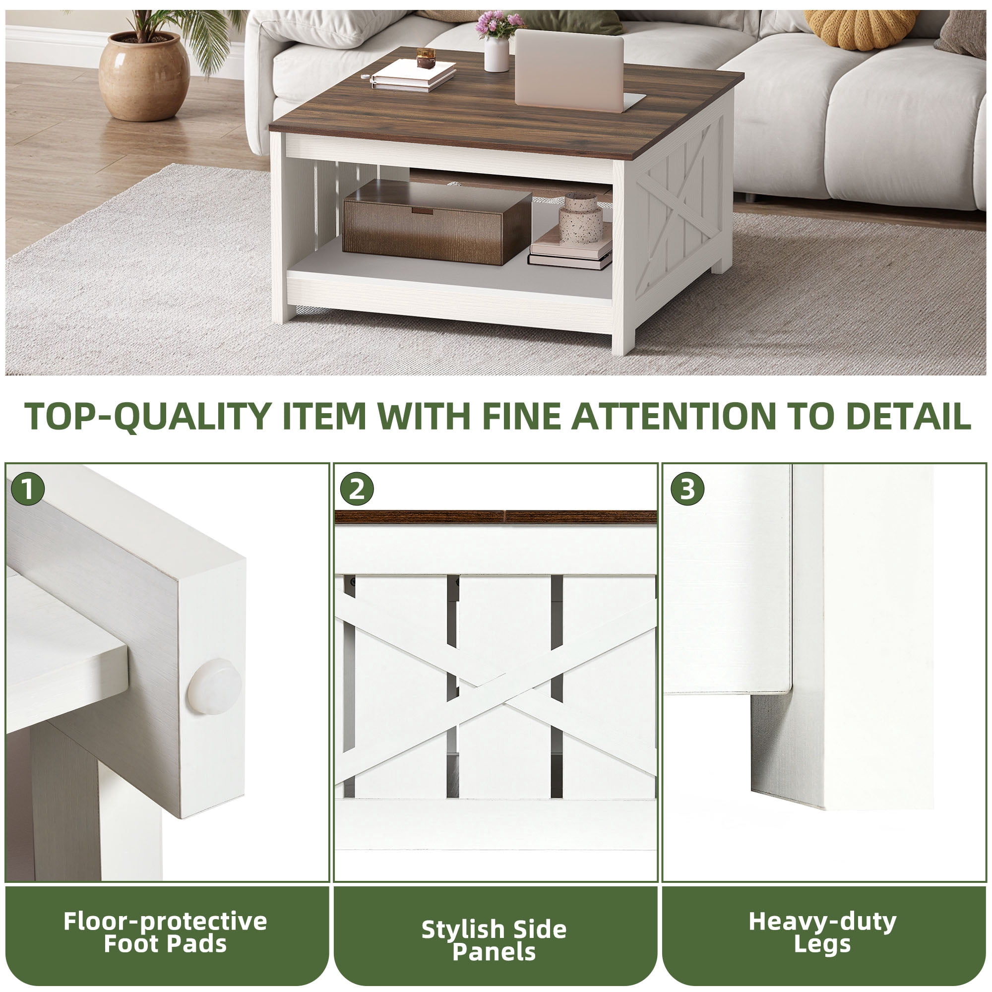 Uforic Coffee Table with Storage Shelf for Living Room, Farmhouse Center Table, White & Walnut