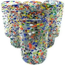 Hand Blown Drinking Glasses – Set of 6 Confetti Rock Design Glasses 14 oz.