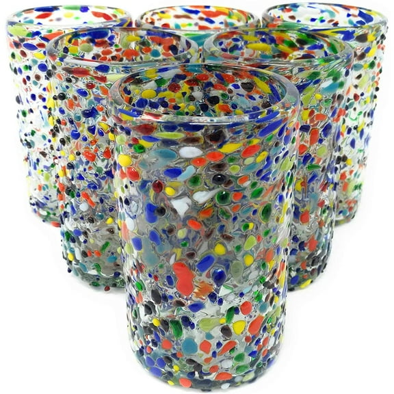Hand Blown Drinking Glasses – Set of 6 Confetti Rock Design Glasses 14 oz.