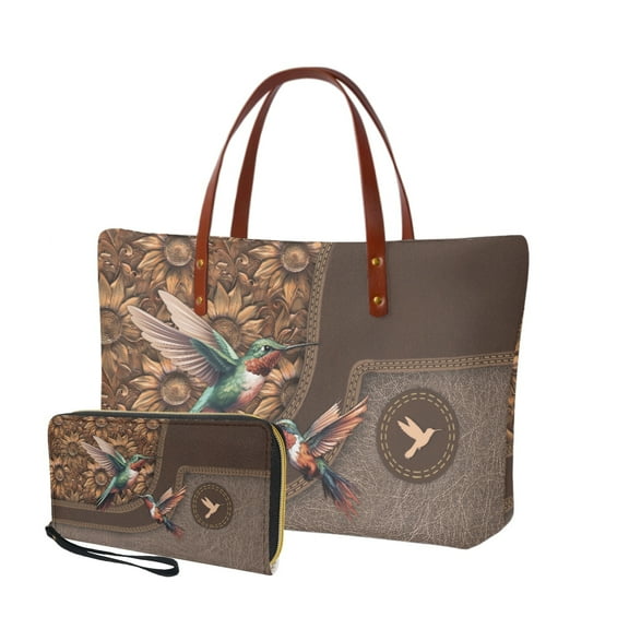 ZUXONGSY Leather Hummingbird Sunflower Print Top Handle Bag and Purses Set of 2 for Women Large Capacity Shoulder Bag Top Handles Work Bag Lightweight Money Organizers for Excursions Hiking