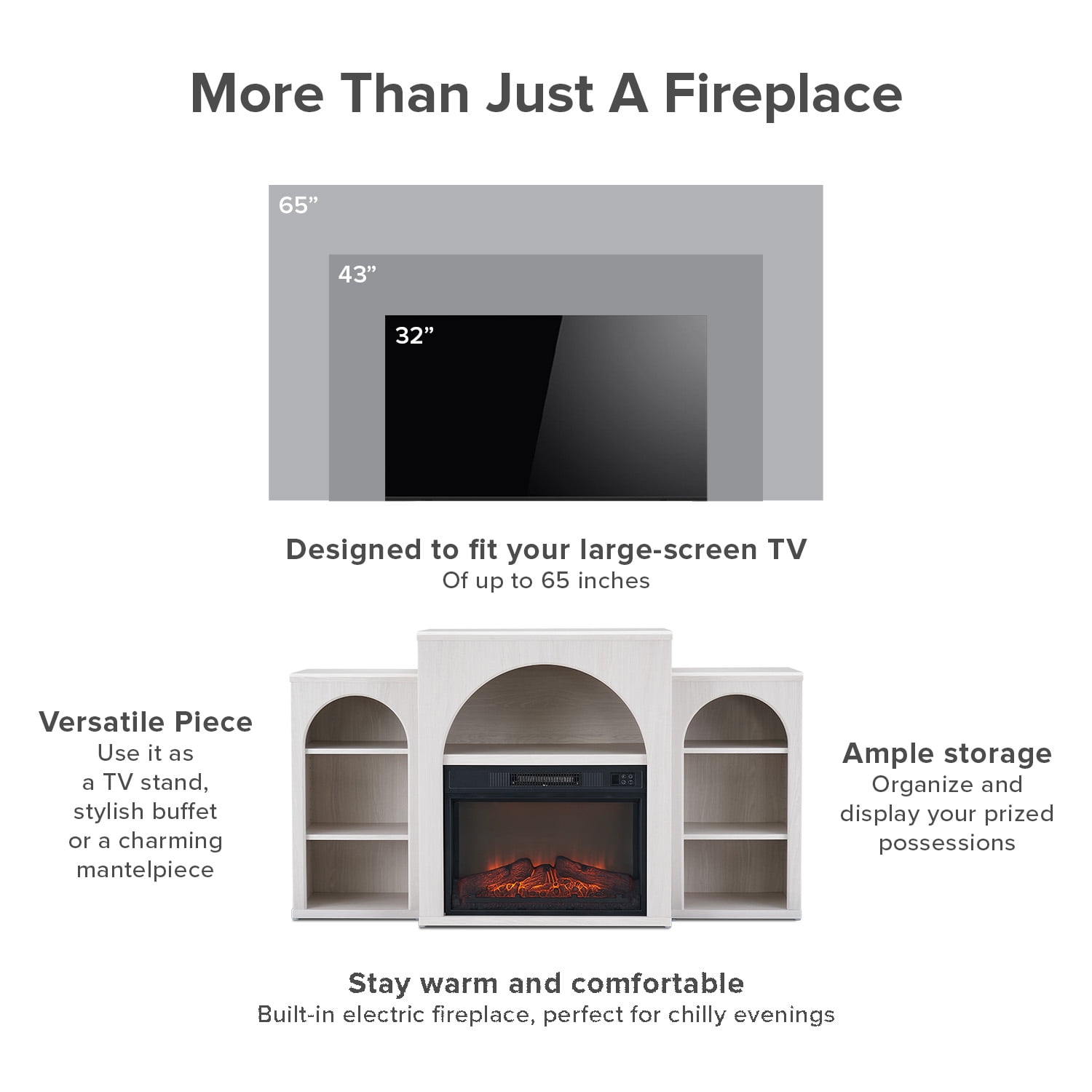 Mopio Blake 59" Arched TV Stand, Fireplace Mantel, Modular Side Storage Shelves, Entertainment Center for Living Room, Credenza, Media Console (White, With Insert)