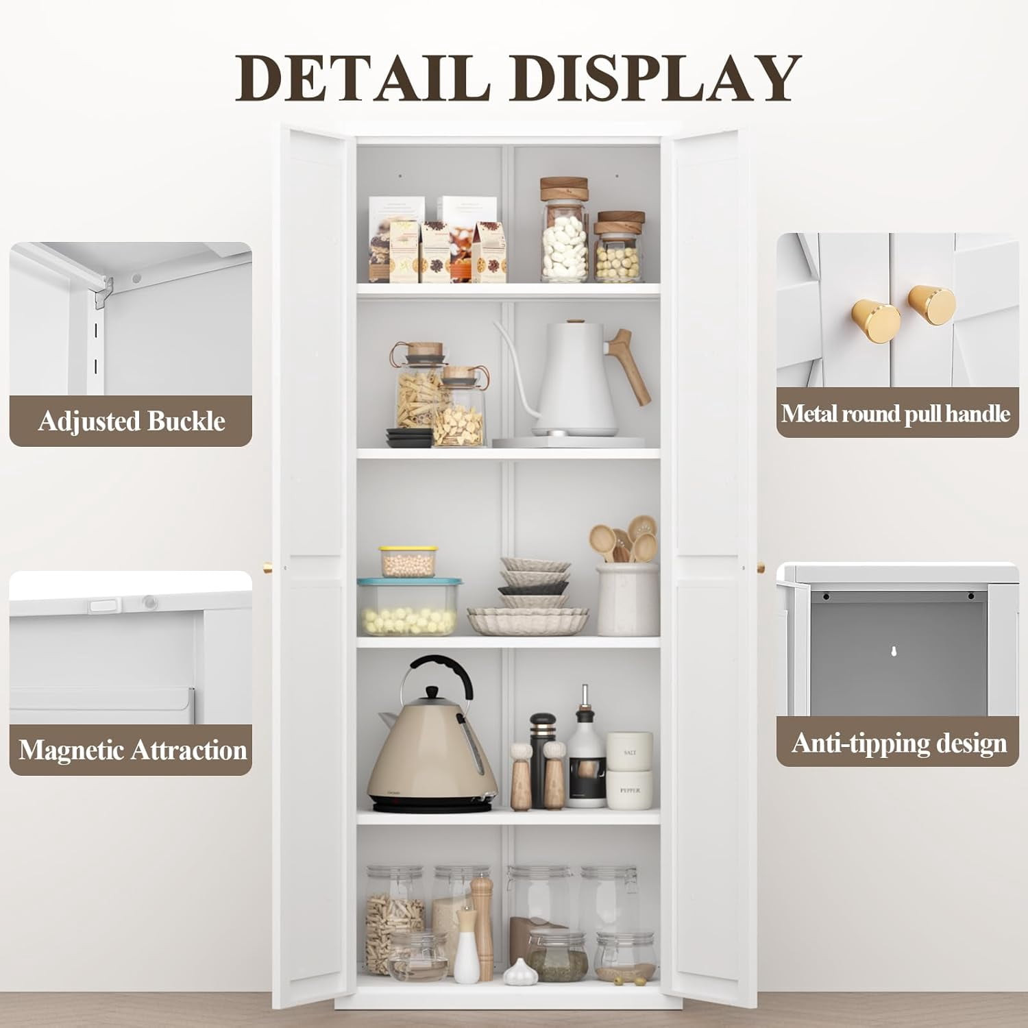 Howcool 71" 2-Door Steel Storage Cabinet with Adjustable Shelves for Kitchen Living Room Office, White