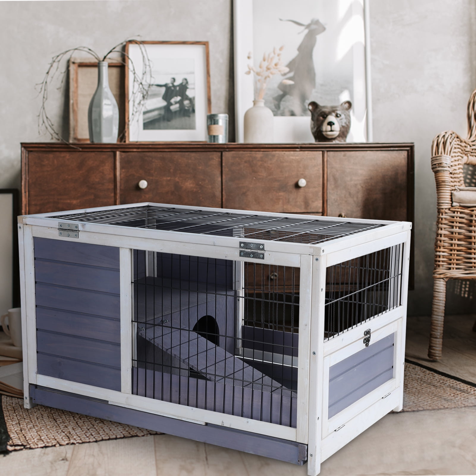 Petsfit Guinea Pig Rabbit Cages，Wooden Indoor Rabbit Hutch with Hideout for Rest and Ramp for Enter and Out