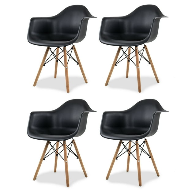 Sillas de Comedor Ergonomicas con Estructura de Madera Diseño Moderno Tipo Eames para Sala Oficina e Interiores Minimalistas con Soporte de Acero Set 4 Piezas Negro