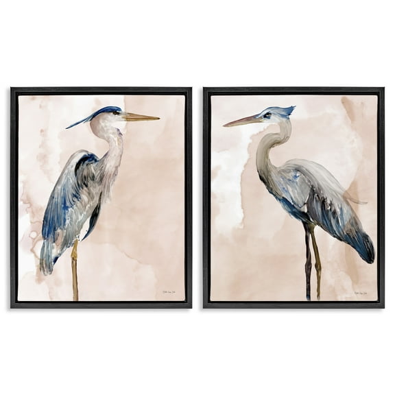 Stupell Industries Beautiful Heron Birds Standing Watercolor Animals & Insects Painting Black Floater Framed Canvas Art Print Wall Art, 17 x 21, Set of 2