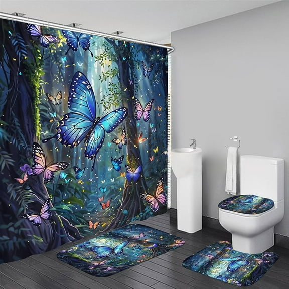 Navy Blue Floral Shower Curtain Sets with Rugs 4 Piece Gold Flowers Leaves Bathroom Decor Set with Non-Slip Rugs Toilet Lid Cover and Bath Mat, Home Bathroom Shower Curtain Set with 12 Hooks