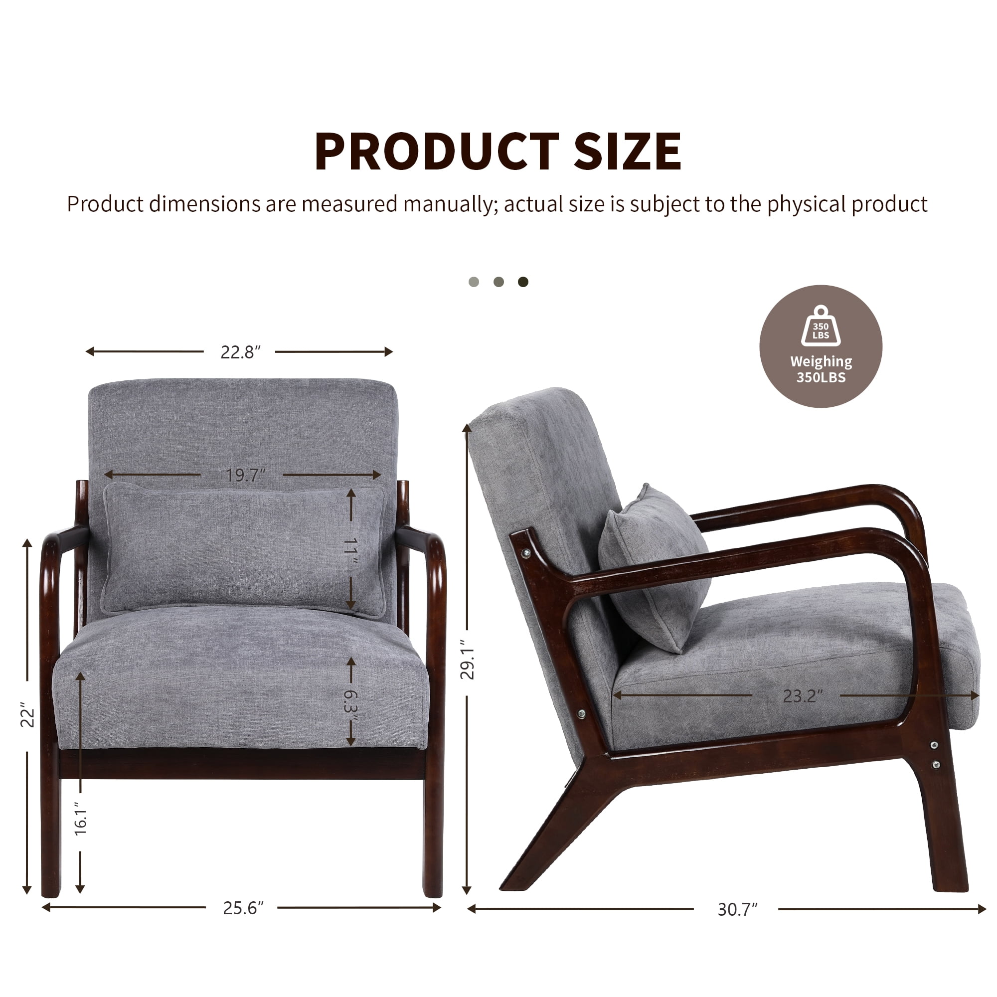 Mid Century Accent Chair with Solid Wood Frame, Upholstered Modern Reading Armchair with Lumbar Pillow, Comfy Lounge Chair for Living Room, Grey