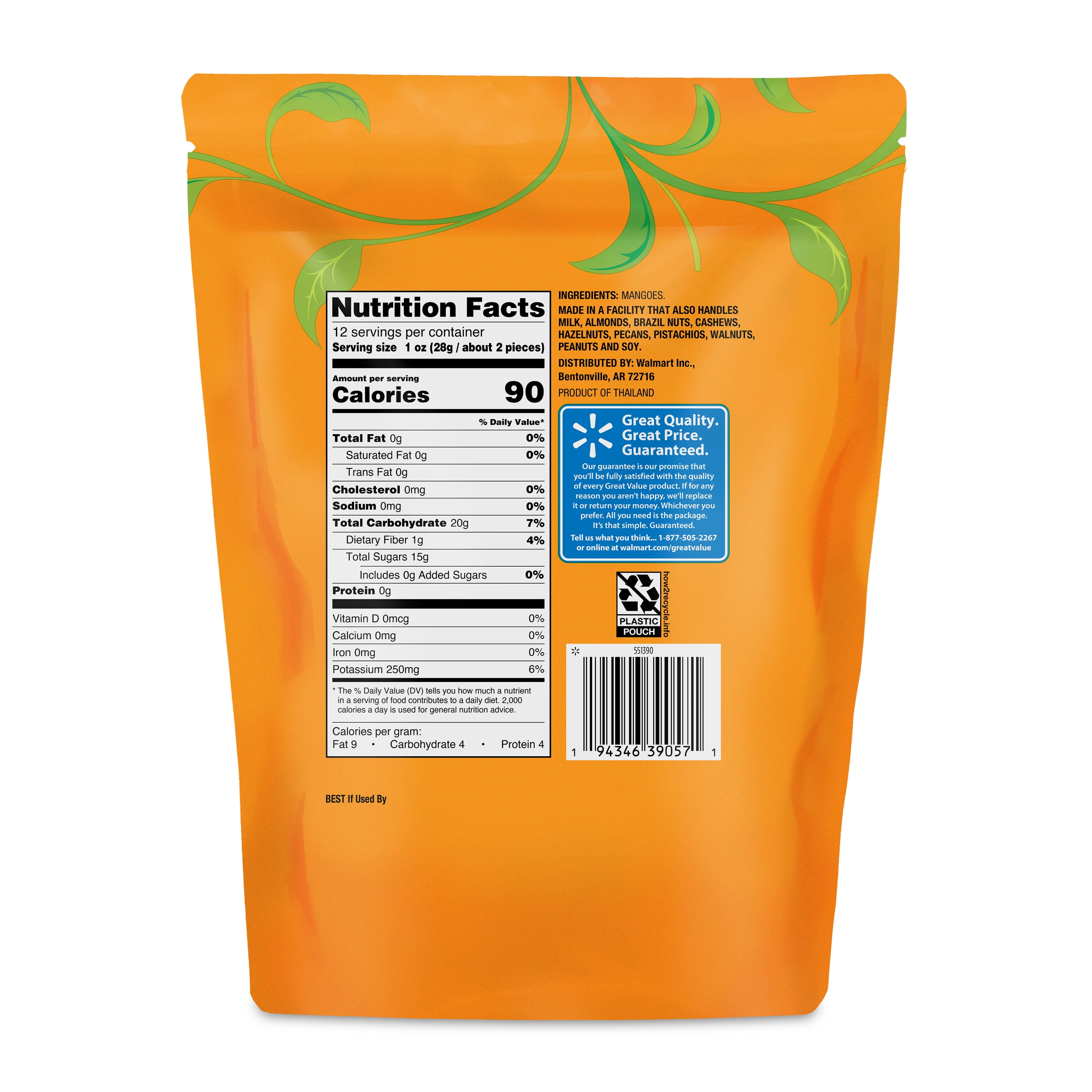 Great Value Unsweetened Dried Mango, 12 oz
