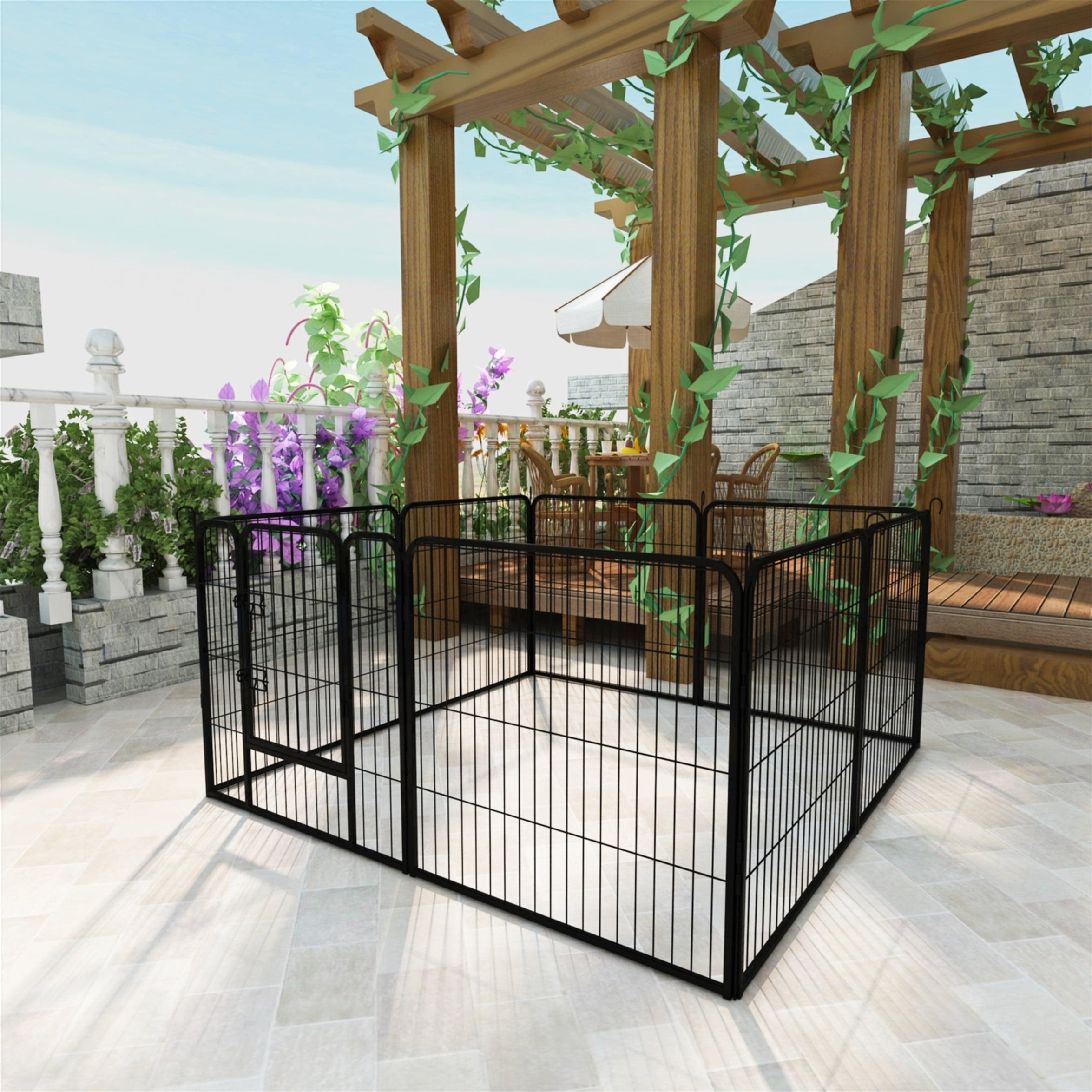 Aukfa Dog Playpen- 8 Panels 31.5" Metal Pet Dog Run Fence for Indoor and Outside Use- Foldable- Portable- Black