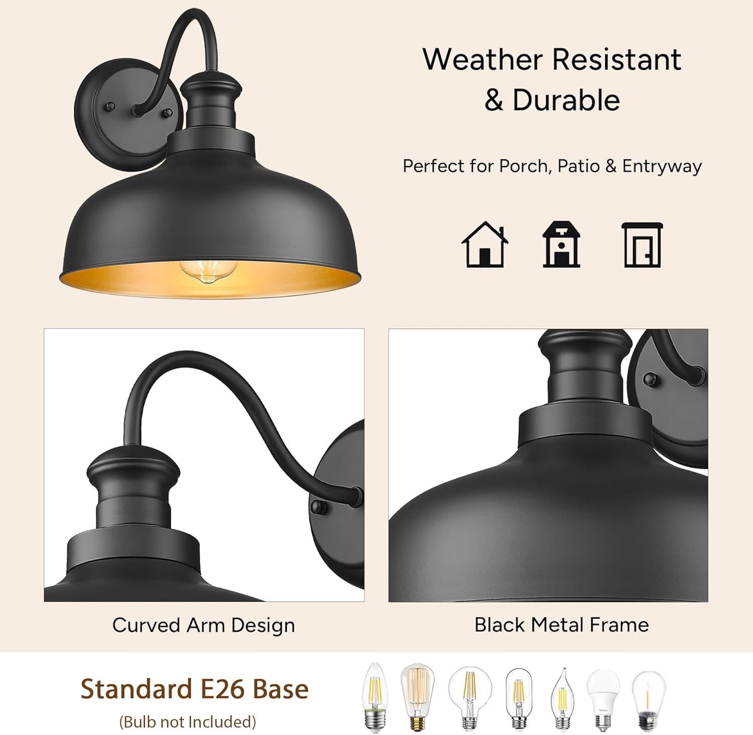 Outdoor Barn Light for Farmhouse, Exterior Wall Mount Lights Fixture,Weather Resistant Outdoor Wall Sconce for Porch, Garage, Patio, Entryway(Black, 1 Pack)