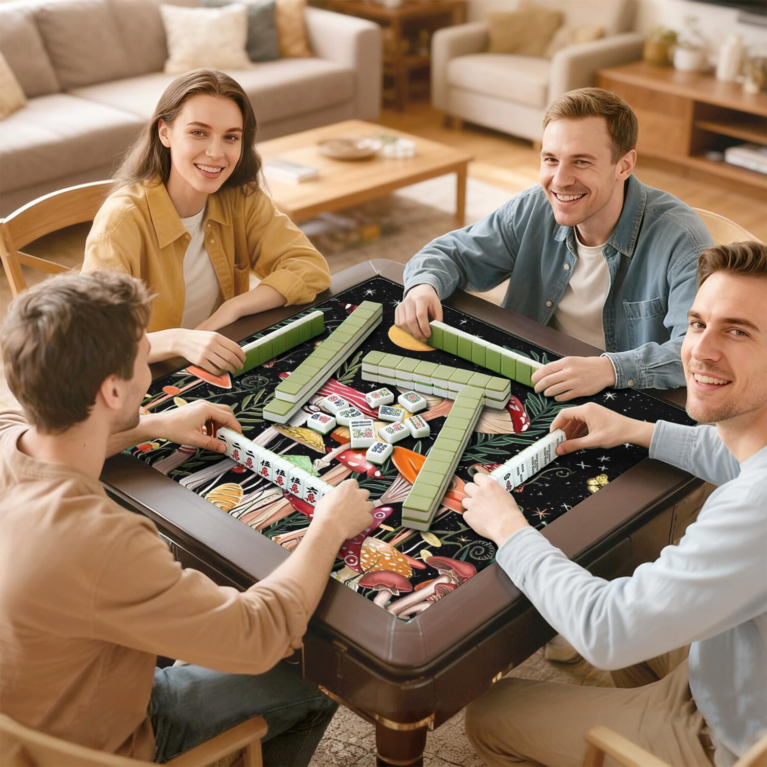 31.5 Inch Plants Style Mahjong Table Cover Made of High Quality Rubber Featuring Anti-Slip Non-Skid Backing and Noise Reducing Properties