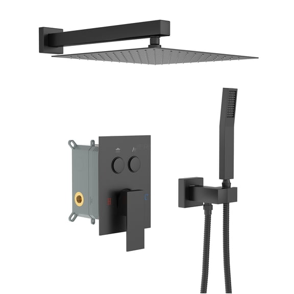 JERFIT 12" Square Dual Shower System with Pressure Balance Valve, Matte Black Wall Mounted Rainfall and Handheld Shower Combo