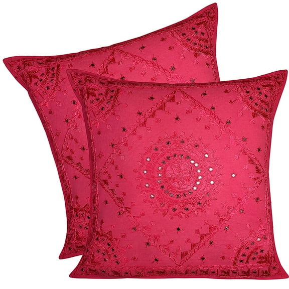 Stylo Culture Indian Sofa Throw Pillow Covers 24 x 24 Big Hand Embroidered Pink Boho 60 x 60 cm Home Decor Cotton Mirrored Square Cushion Covers | Set Of 2