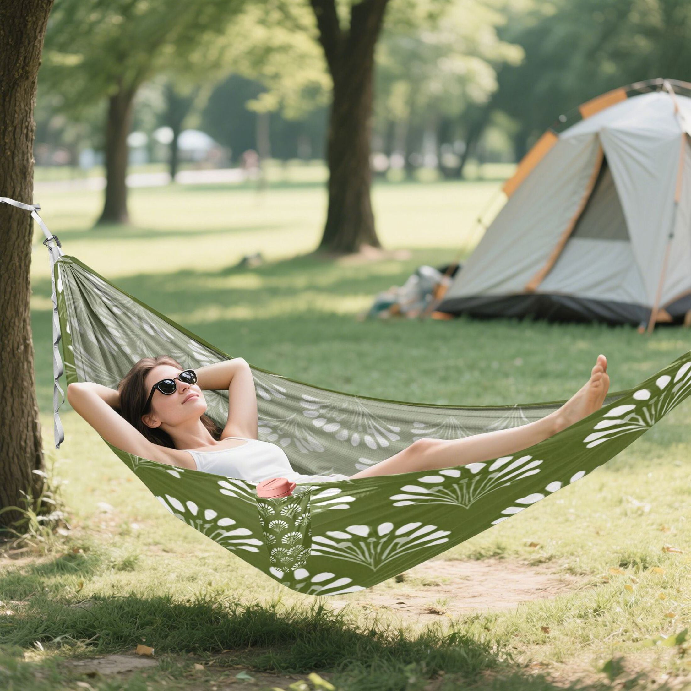 Hanging Hammock Portable Travel Camping For Outdooor Beach Camping Hiking Olive Green & White Color Palette