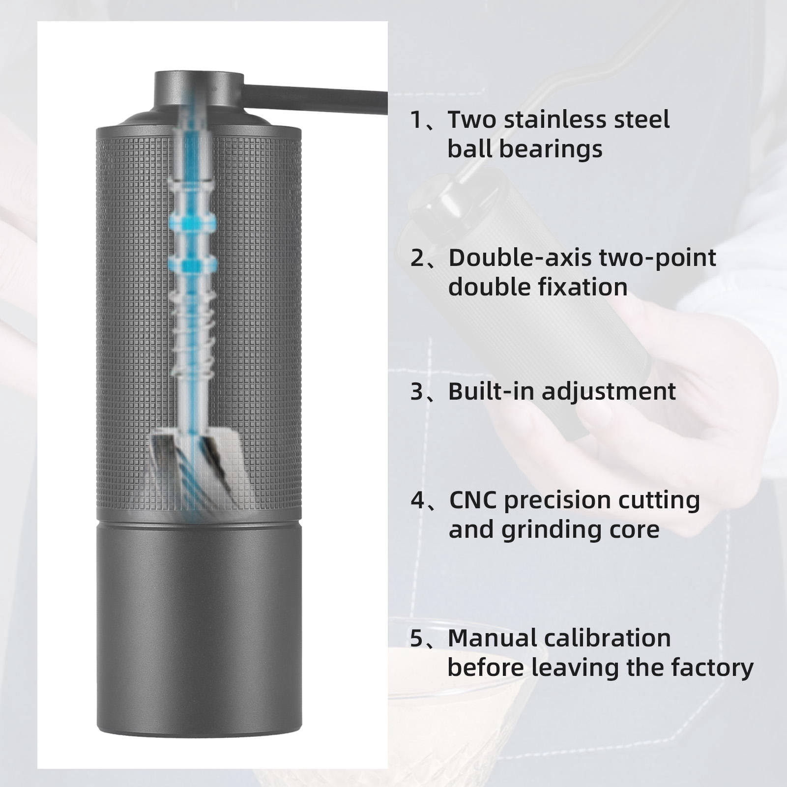 Suodoka 5‑Core Stainless Steel Manual Coffee Grinder with Ergonomic Wood Crank, 24‑Gear Digital Adjustment, 25g Powder Bin, Aluminum Alloy Body, Portable & Durable