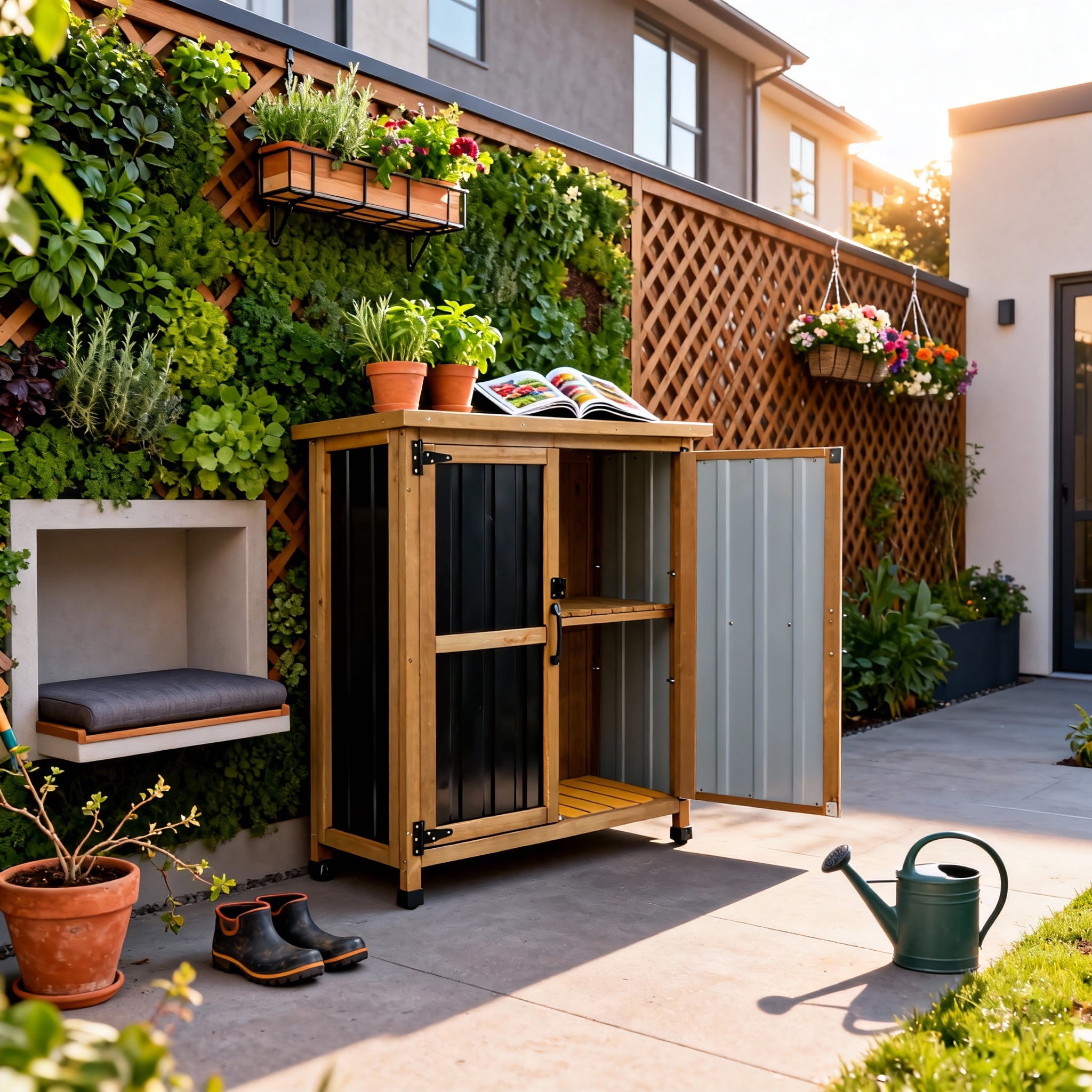 Outdoor Storage Cabinet Wood Storage Shed Waterproof Roof, Double Lockable Doors Garden Shed with Removable Shelves for Patio, Garden