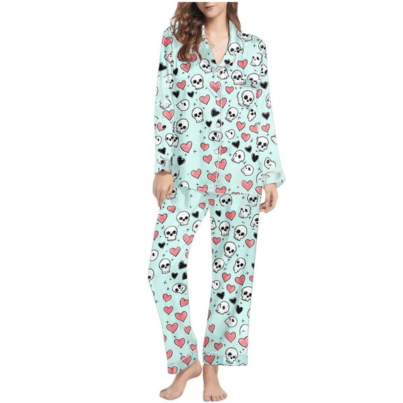Uaswgudfs Women's Halloween Print Flannel Pajama Set - Cozy Button-Up Shirt & Straight-Leg Pants for Festive Loungewear Light Blue-A L