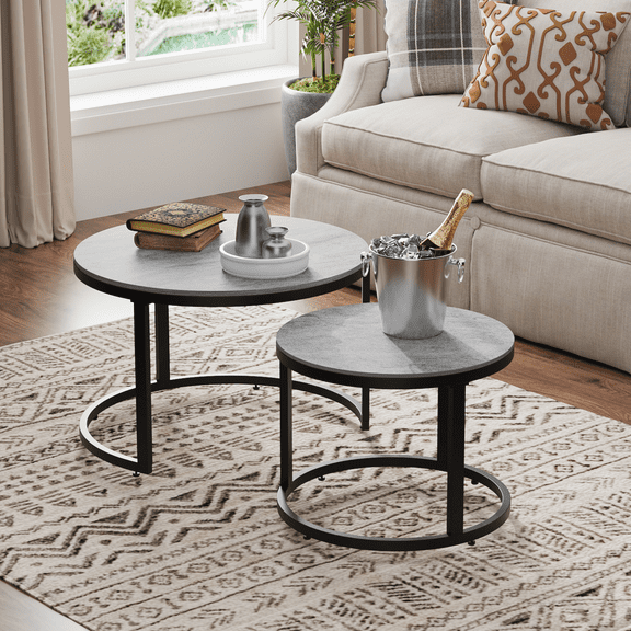 Glory Patio Nesting Coffee Table Set of 2 Pieces, Art Deco, Tempered Glass, Black