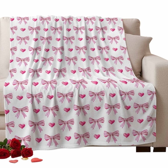 Sweet Stripe Bows Fleece Throw Blanket Lightweight Pink Bow Heart Pink Theme Fuzzy Flannel Throws Super Soft Cozy Flannel Blanket for Couch, Sofa, Bed, Travel 40"x50"