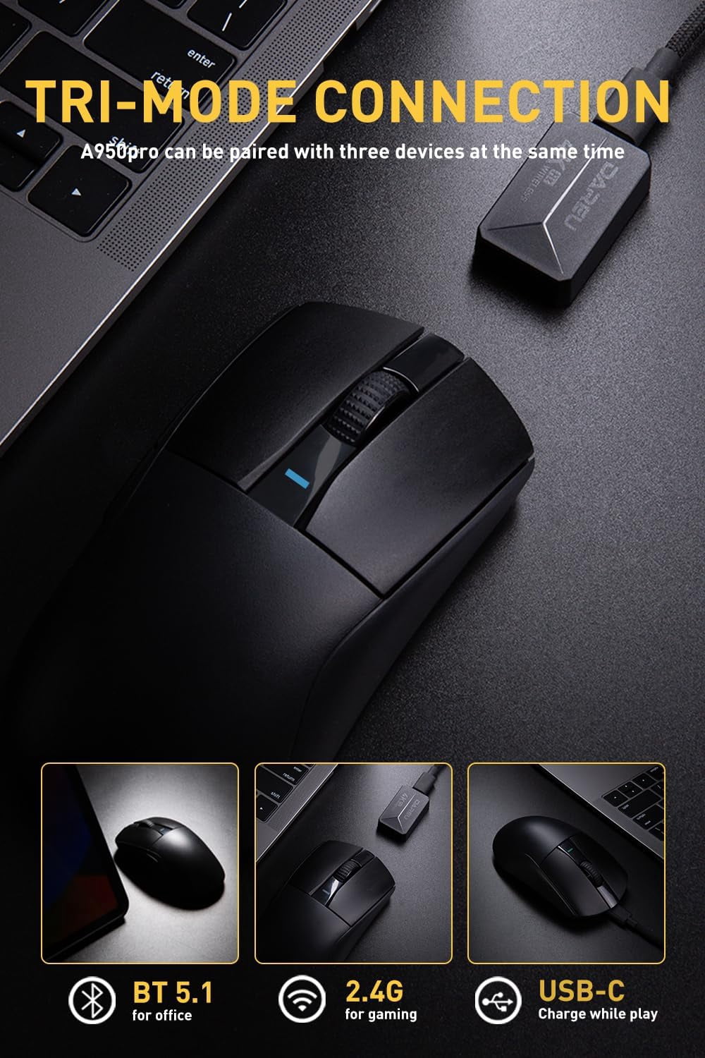 DAREU A950pro 4K Wireless Gaming Mouse:55g Ultra-Lightweight,4KHz Polling Rate,PAW3395 Optical Sensor,26K DPI,6 Programmable Buttons,Support 15min Fast Charging &Tri-mode Connection (Black)