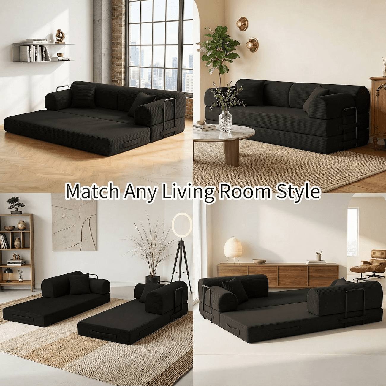 Futon Sofa Bed, 4‑in‑1 Convertible Sofa Bed, Folding Boneless Couches for Living Room, Modular Corduroy Sleeper Loveseat with Pull-Out Bed, No Assembly, Small Space Apartment Couch (Black)