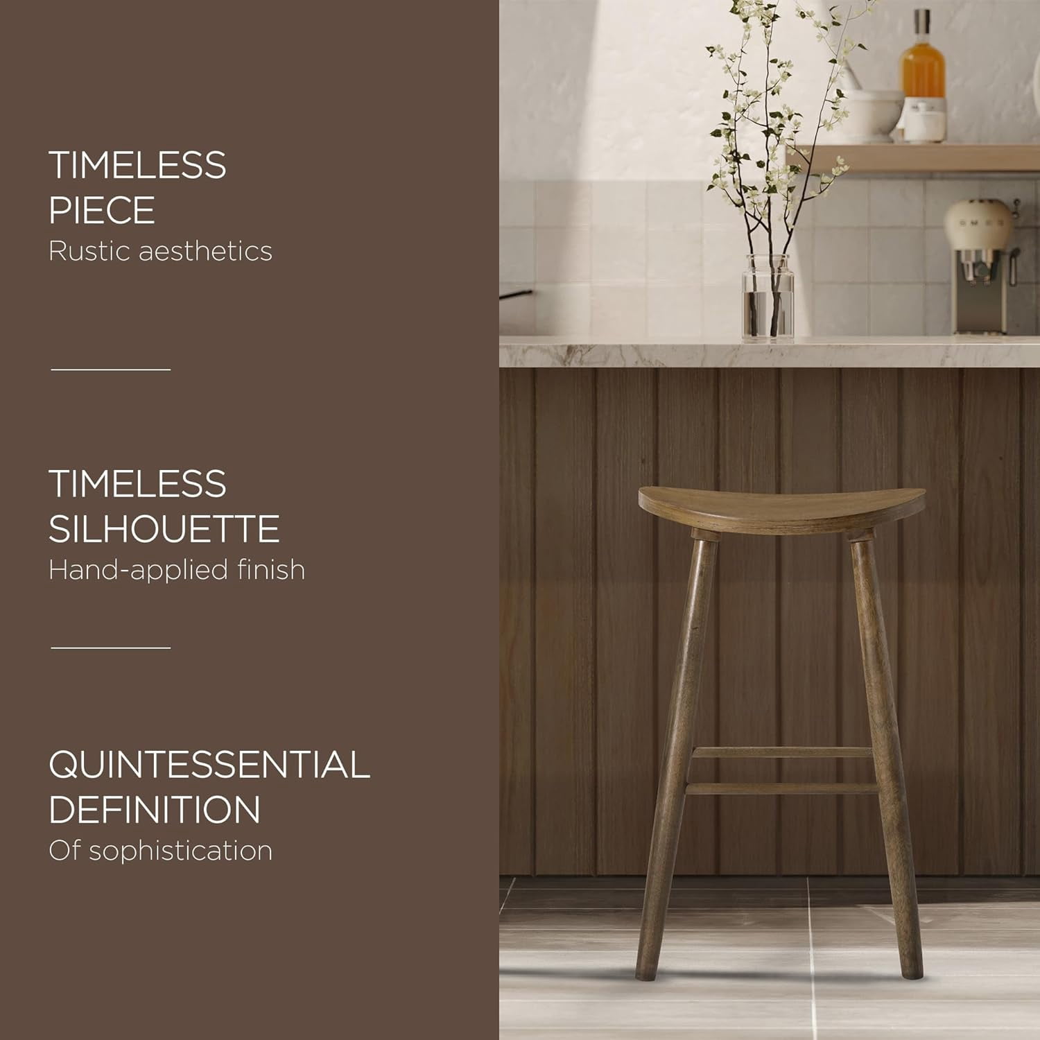 Maven Lane 31" Luna Bar Stool with Rustic Natural Wood Finish - Artisan Crafted Backless Bar Height Stool, Oval Saddle Seat for Unmatched Comfort - Adds Warmth & Style to Kitchen, Dining Area