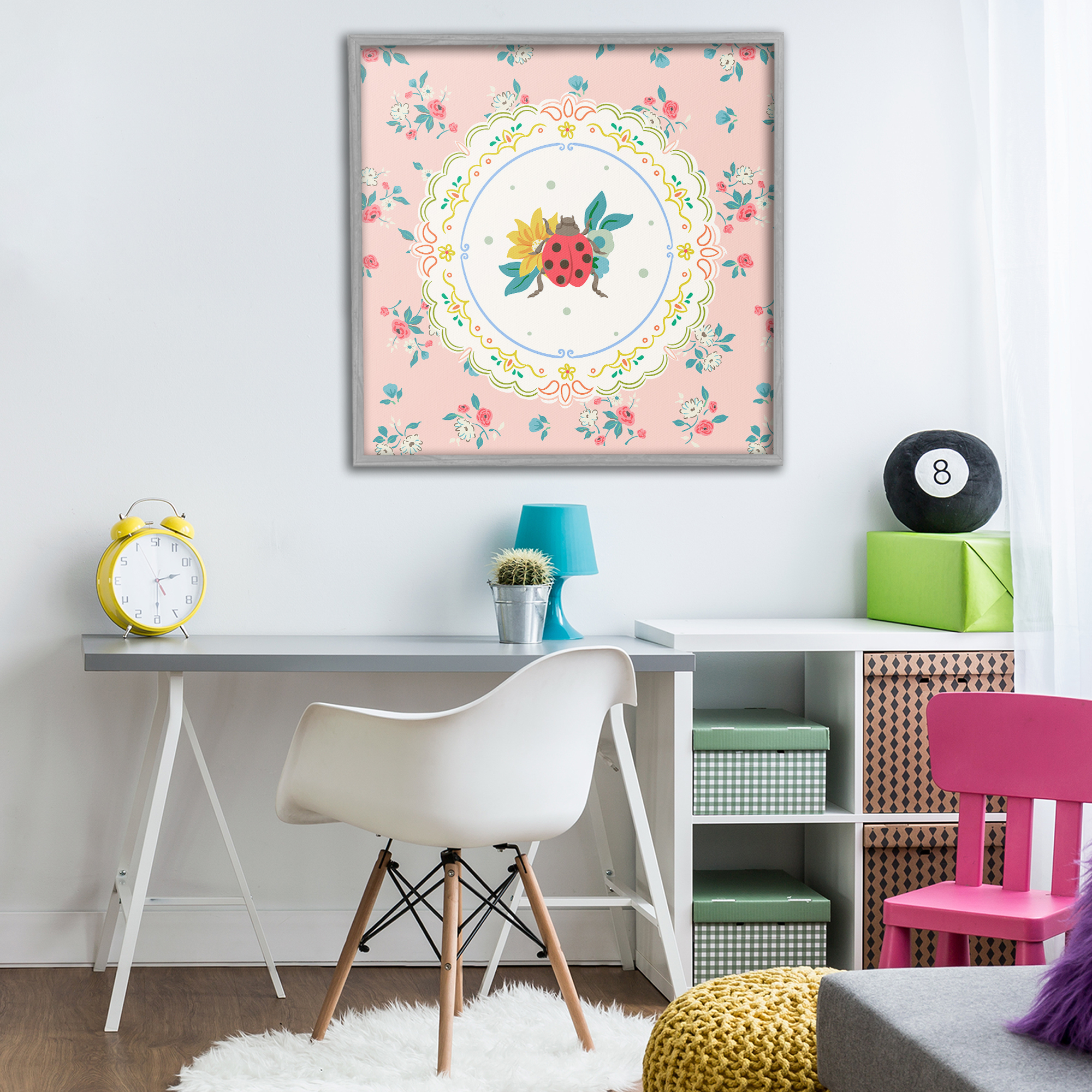 Spring Lady Bug Lace Pattern Gray Framed Giclee Art, design by Angela Steahling