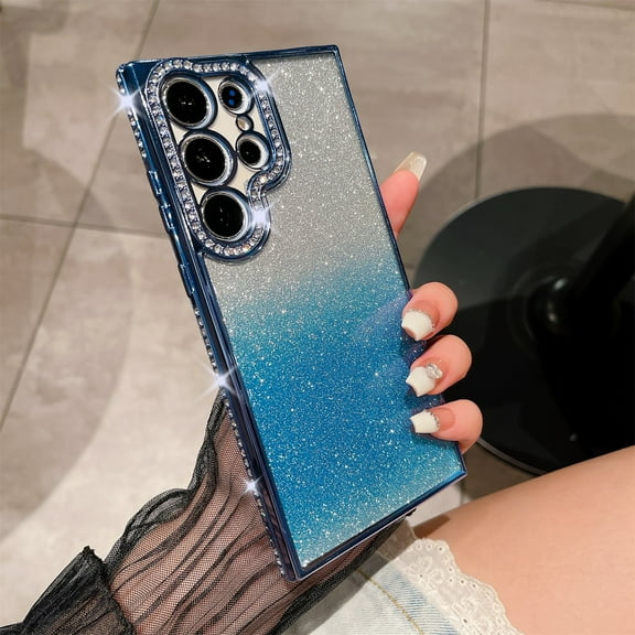 JTCASES for Samsung Galaxy S22 Plus 5G Case (6.6 inch/2022), Luxury Glitter Rhinestone Bling Diamond Sparkle Shiny Bumper and Camera Lens Design Clear Gradient Cases for Women Girls, Blue