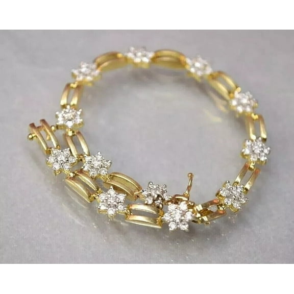 Flower Tennis Bracelet 7Ct Round Cut Natural Moissanite Diamond in 14K Yellow Gold Plated
