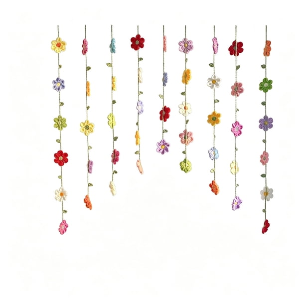 HWRETIE Hand Crochet Floral Door Curtain,Colorful Hanging Flower String Divider with Lace top for Bedroom Doorway Window Wall