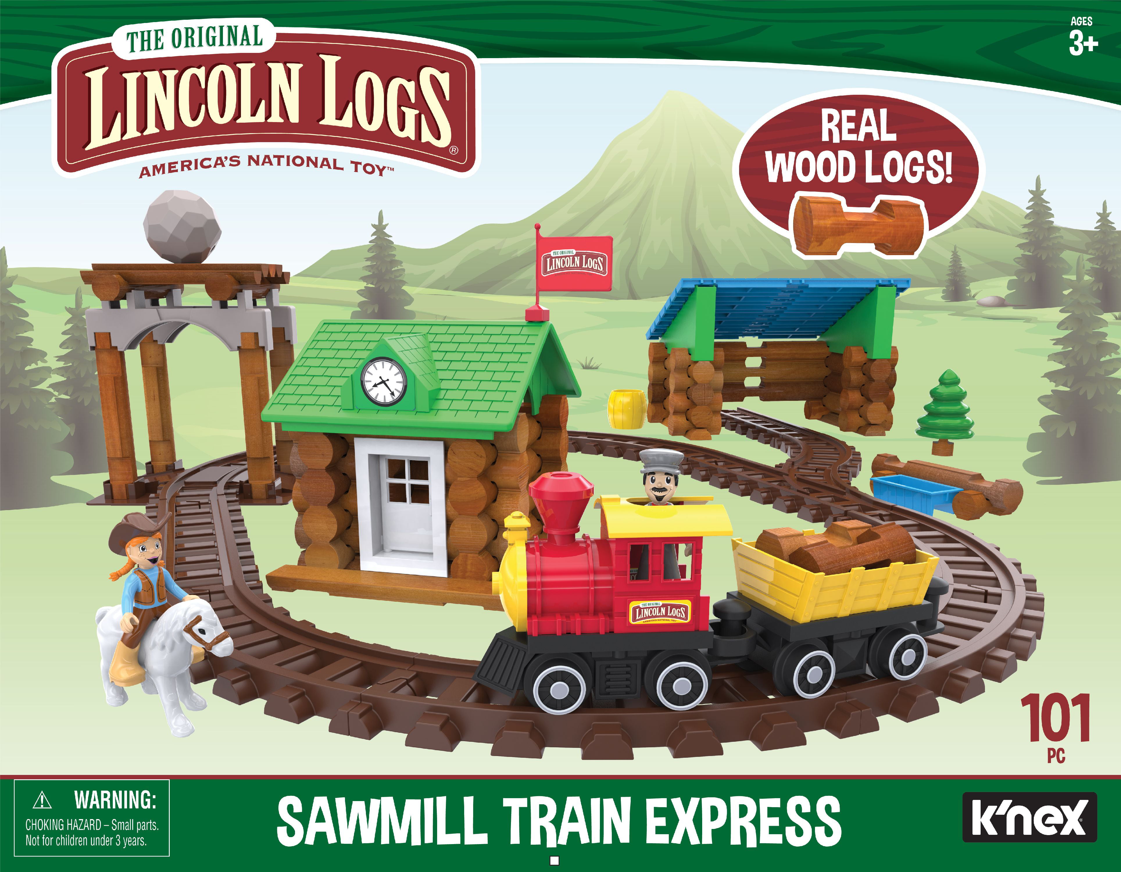 Real Wood Logs 101 Parts Lincoln Logs Sawmill Express Train Buildable Track 