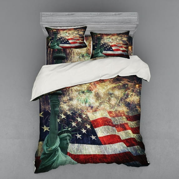 Ambesonne Colorful Bedding Set 4 Pcs, Fireworks 4th of July, Queen, Multicolor