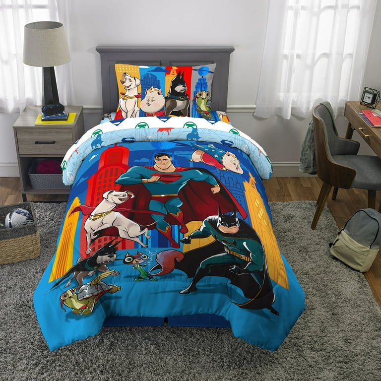 Free Shipping Justice League Super Pets Kids Twin Bed in a Bag Comforter and Sheets Blue Warner Bros Walmart