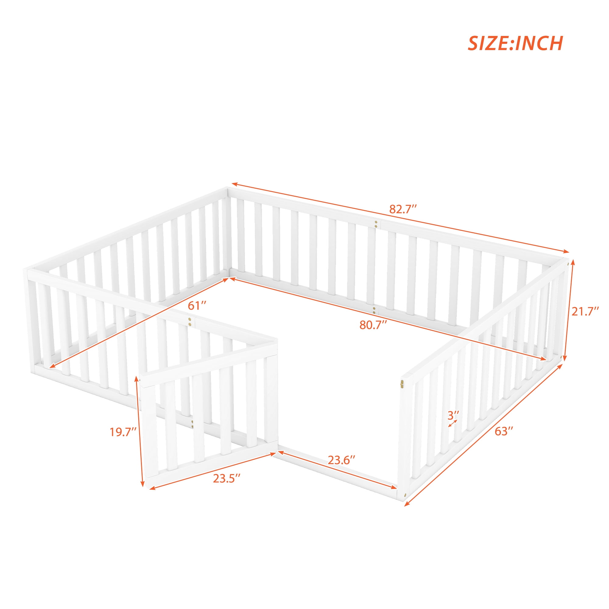 Harper & Bright Designs Montessori Floor Bed, Queen Size Floor Bed with Fence and Door, Floor Bed Frame with Guardrails for Boys Girls, White
