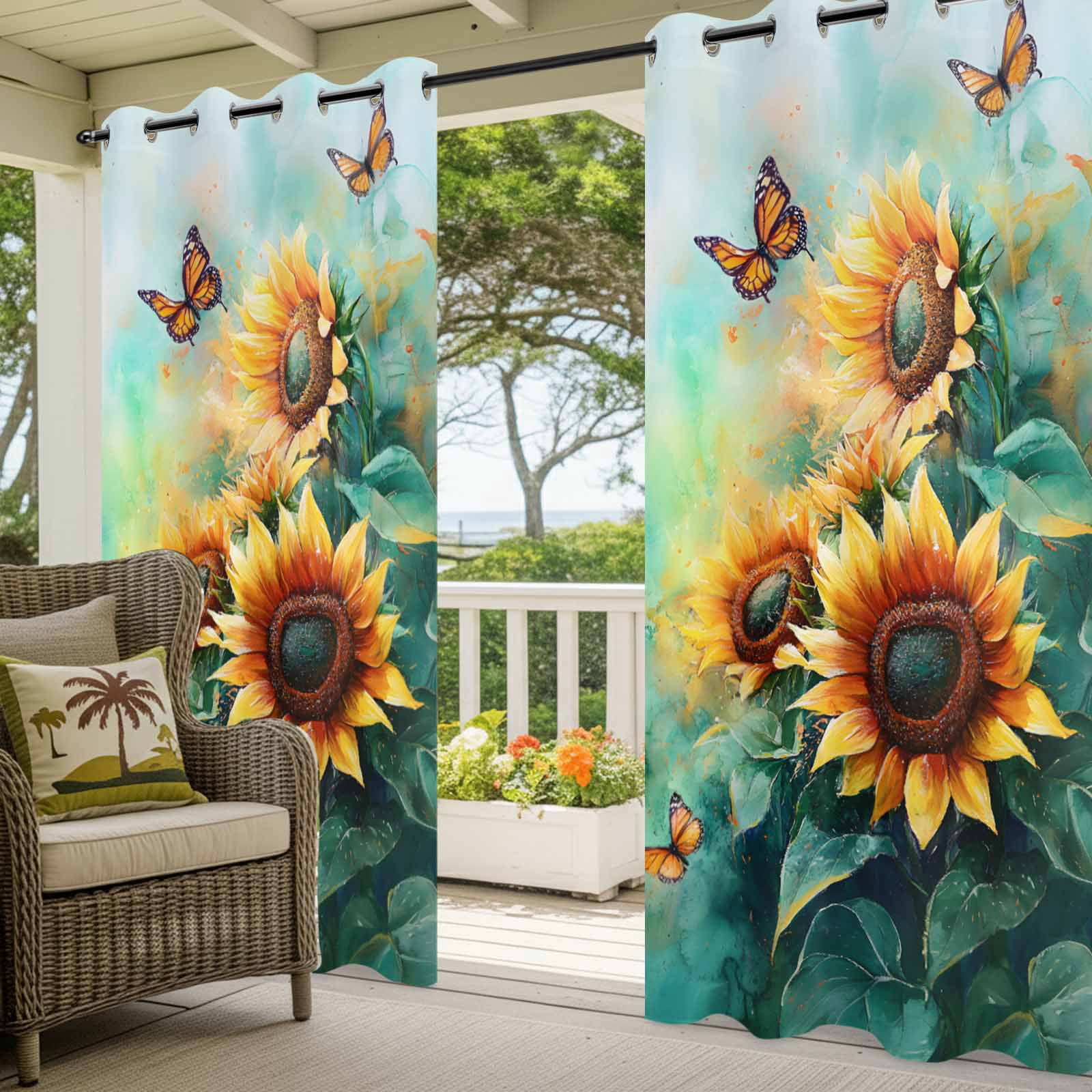 Watercolor Sunflower Outdoor Curtains for Patio Waterproof, Floral Butterfly Teal Green Leaf Grommet Curtains for Porch Outside Privacy Drape for Gazebo Garden Pergola, 2 Panels, 54x108in