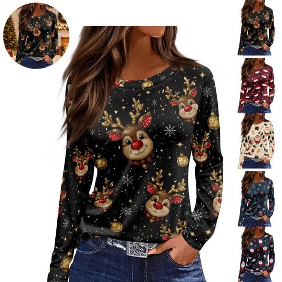 Mfakffe Christmas Womens Shirts Long Sleeve Crew Neck Tops Casual Christmas Graphic Shirt Lightweight Pullover Tee
