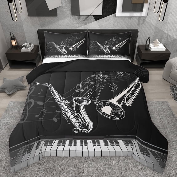 Feelyou Modern Musical Note Full Size Comforter Sets, Pop Music Lover Bedding Comforter Set, Saxophone Piano Print Reversible Bedding Sets, Super Cozy Room Decor, 3 Pieces