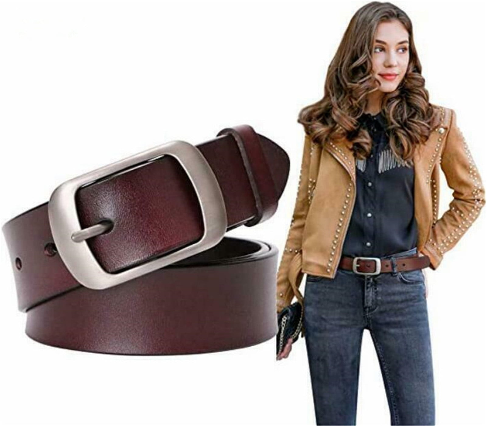 JASGOOD Double Grommet Belt PU Leather Double Prong Belt Buckle for Women Jeans 
