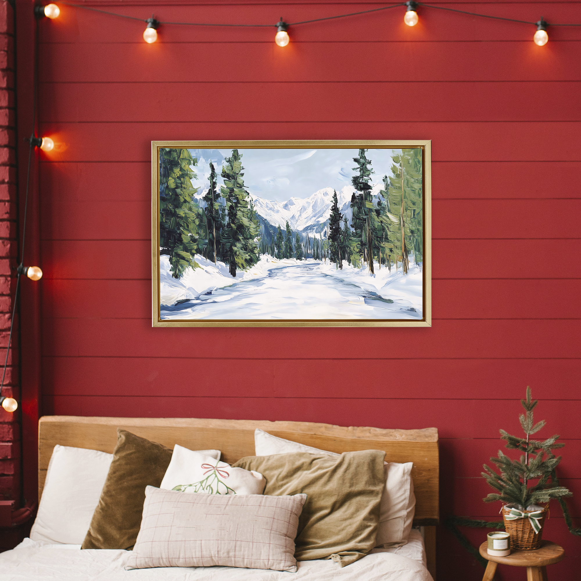 Snowy Tall Tree Pass Gold Framed Floater Canvas Wall Art, design by Petal Prints Design
