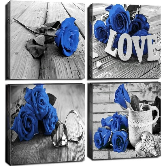 Black and White Canvas Wall Art Royal Blue Rose Floral Pictures Wall Decor for Living Room Coupe Bedroom Flower Love Sign Framed Artwork Modern Kitchen Accessories Bathroom Home Decoration 4Set 14x14