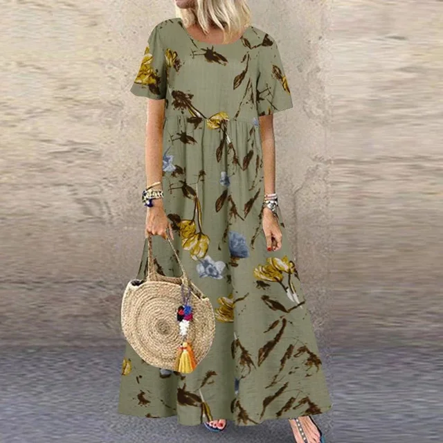 Vestido largo con cuello redondo para mujer, ropa elegante con estampado de flores botánicas, estilo rústico informal, manga corta, dobladillo grande, Verano
