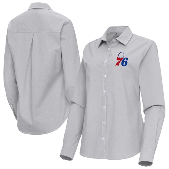 Women's Antigua Gray Philadelphia 76ers Porter Woven Long Sleeve Button-Up Shirt