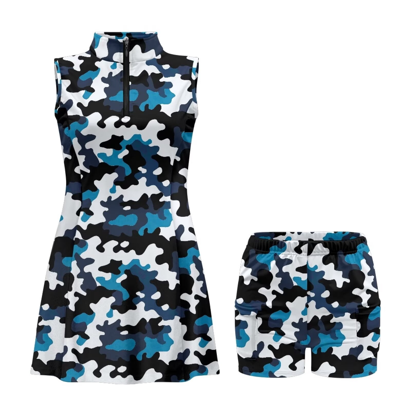 Yuyamidu Blue Camouflage Womens Workout Golf Dress with Shorts Pockets Golf Outfit Trendy Tennis Dress Sleeveless Womens Athletic Clothing Sets Size 2XL