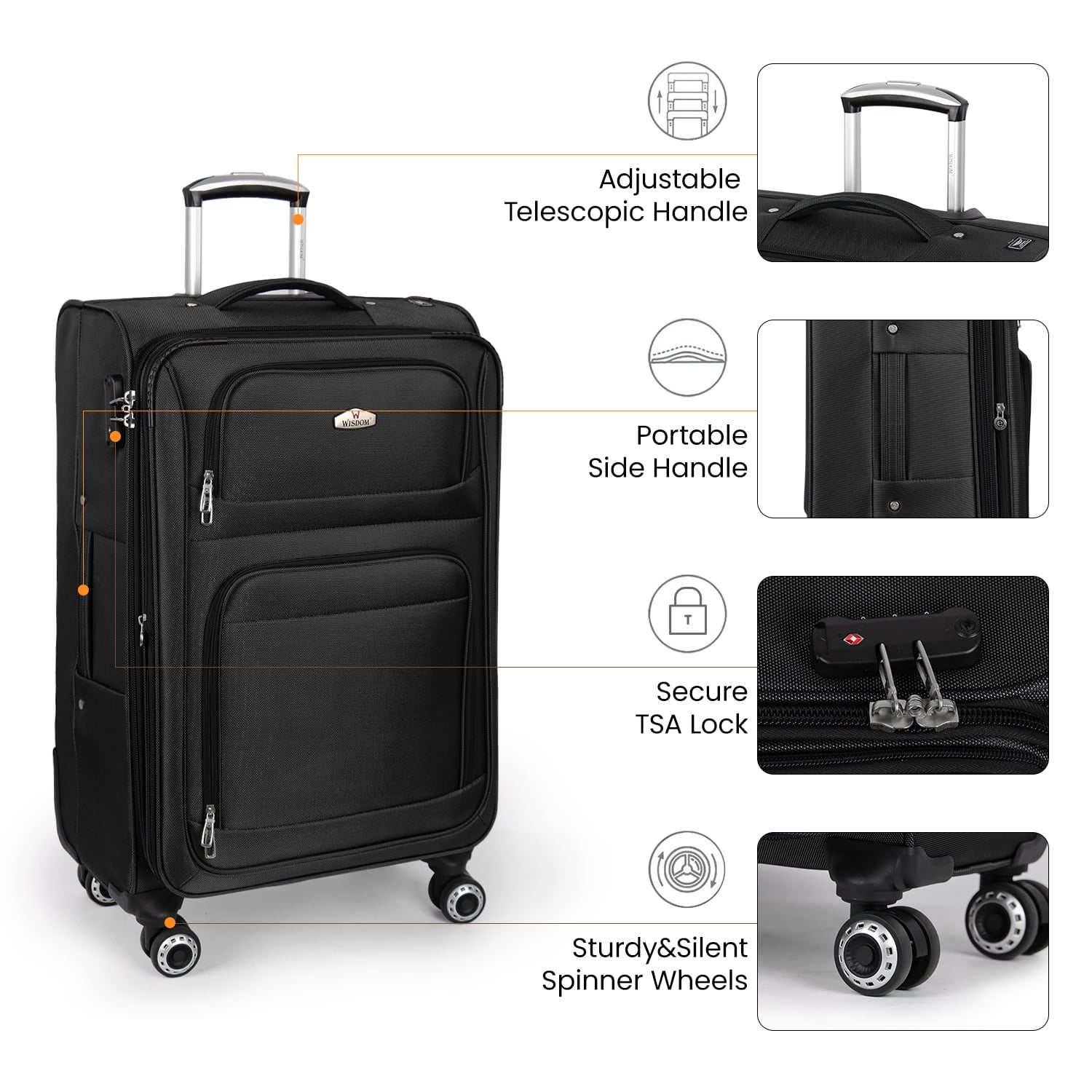 30" Softside Large Checked Luggage Lightweight Expandable Suitcase with Spinner Wheels & TSA Lock,Black - WD1622