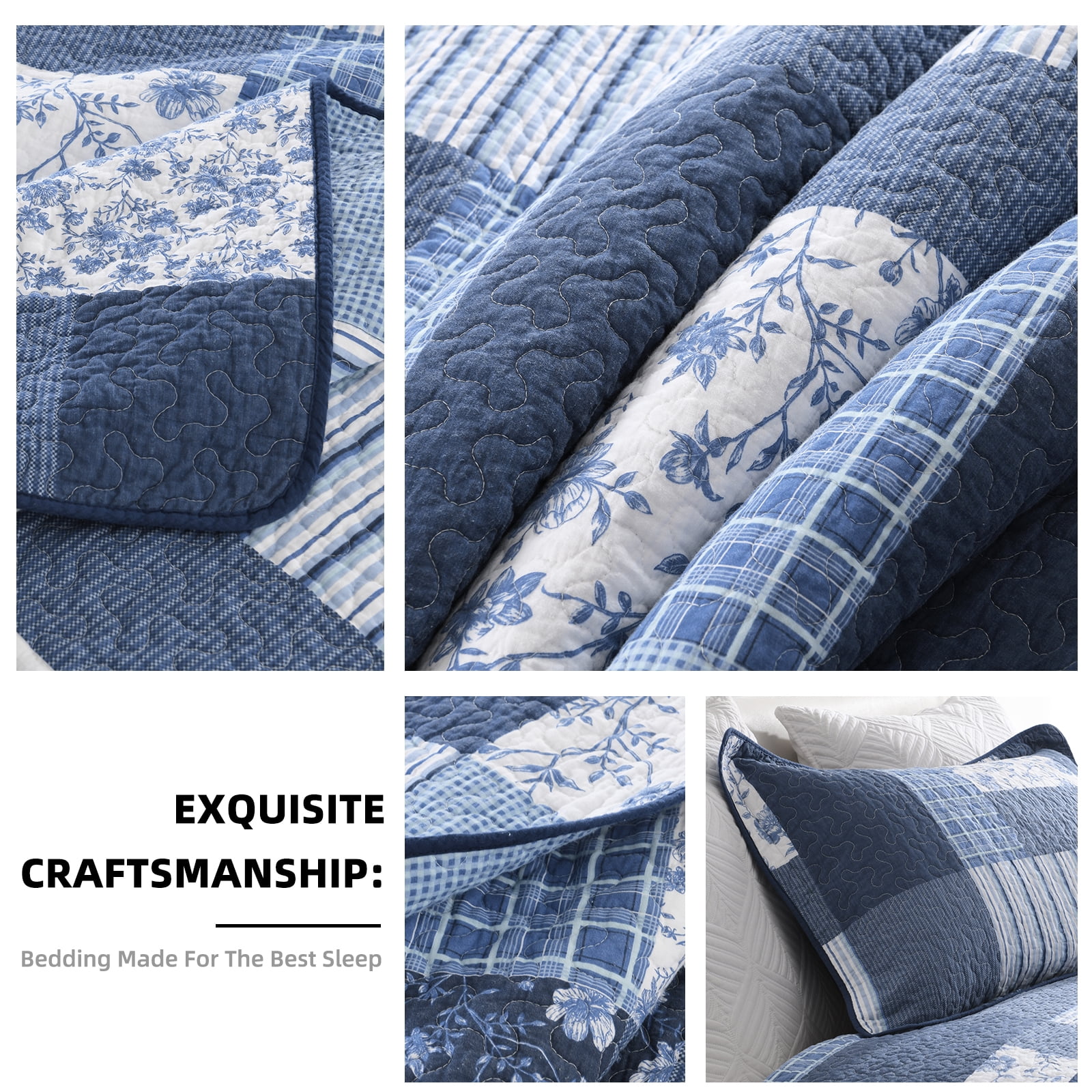 PANGUSHAN 100% Cotton Quilt King Size, King Quilt Bedding Set Quilted Bedspreads, Lightweight Reversible Plaid Comforter for King Bed, All Season, Blue, 3 Pieces